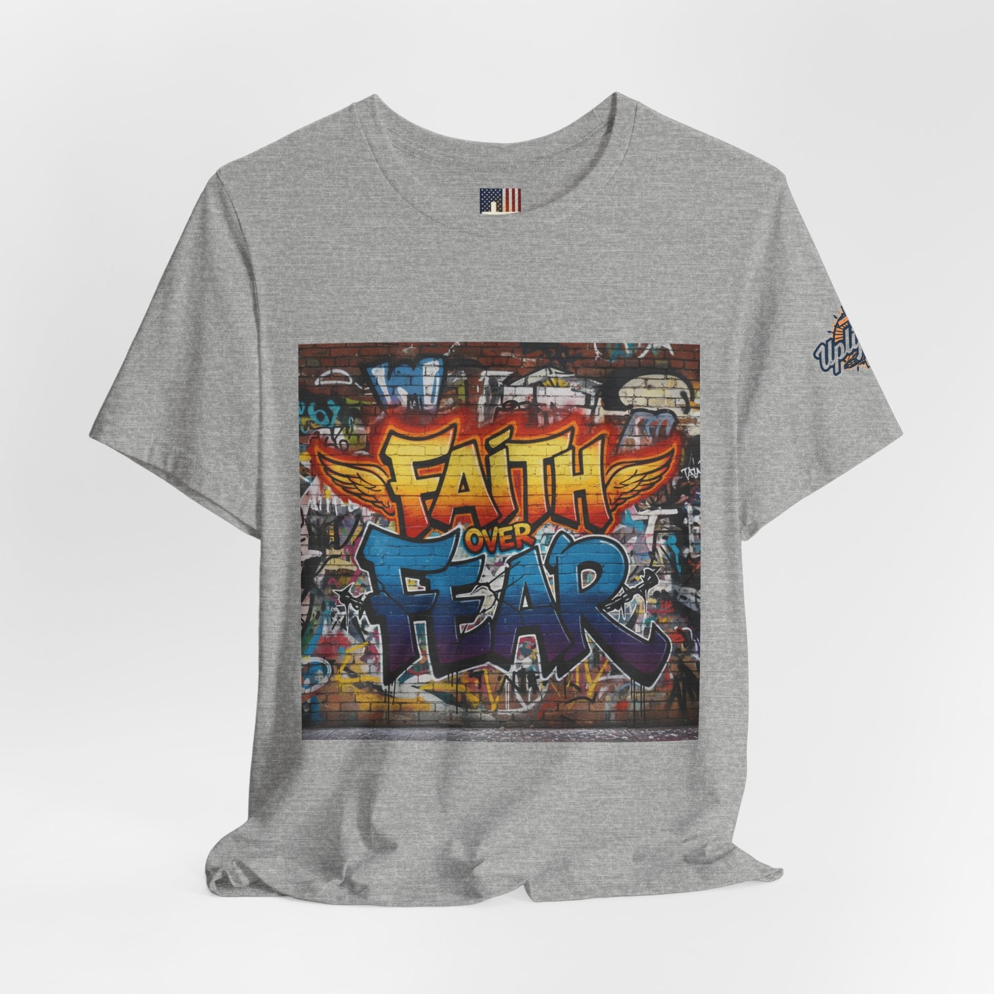 Faith Over Fear T-shirt – Graffiti Wall Christian T-shirt for Bold 2 Corinthians 5:7 Streetwear & Unshakable Faith Printify