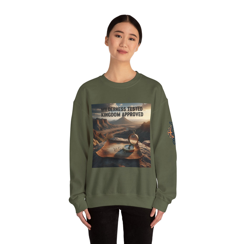 Wilderness Tested Kingdom Approved Sweatshirt – Mountain Desert Compass Crown Christian Sweatshirt for Biblical Adventure Faith Printify