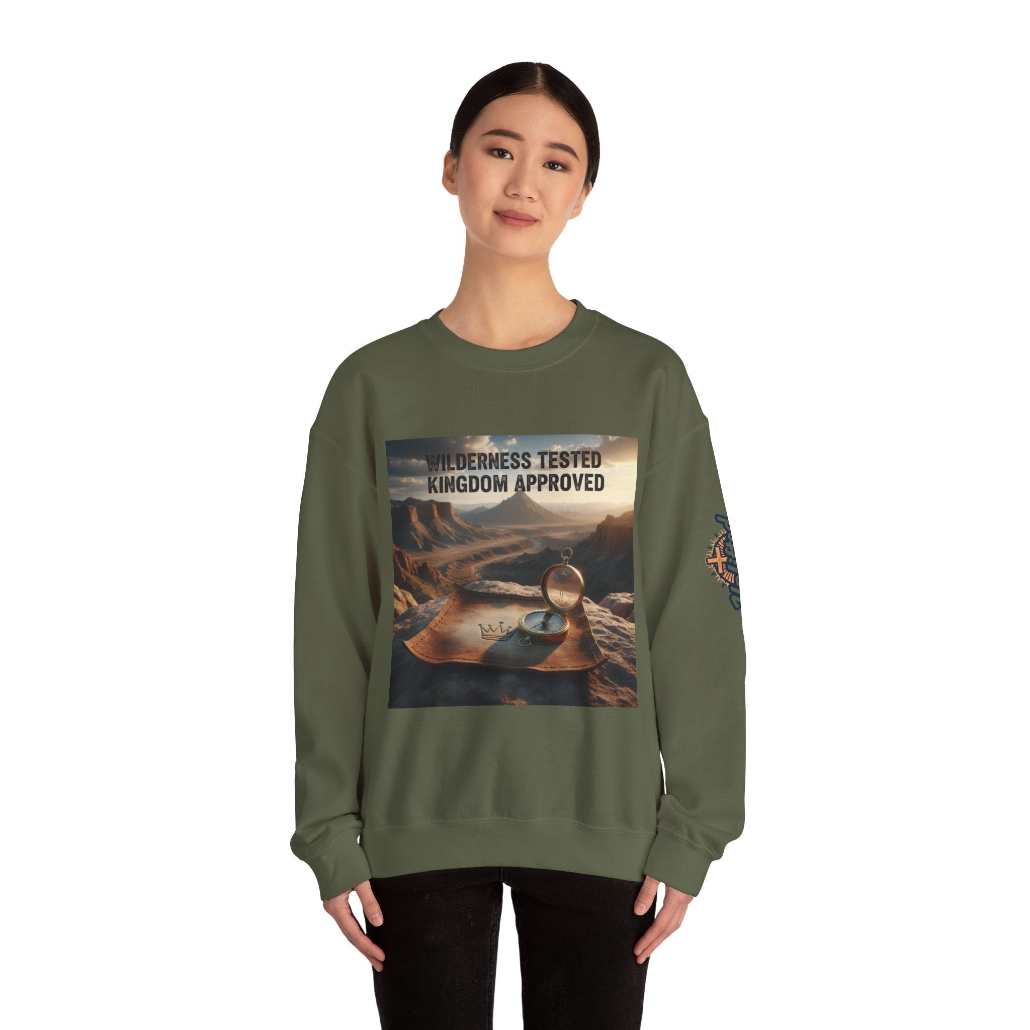 Wilderness Tested Kingdom Approved Sweatshirt – Mountain Desert Compass Crown Christian Sweatshirt for Biblical Adventure Faith Printify