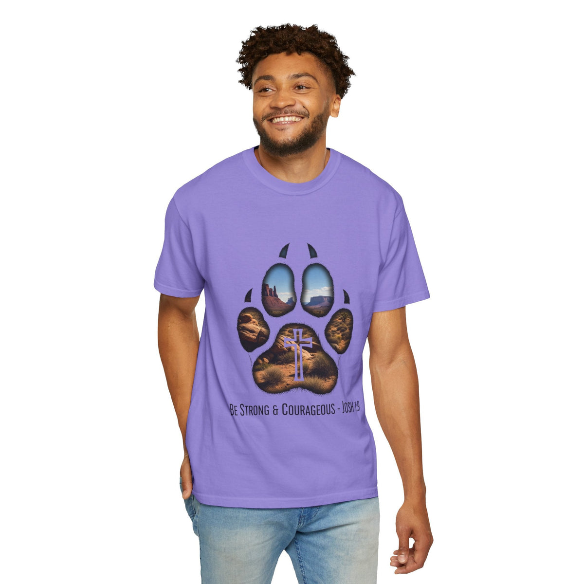 Strong and Courageous T-Shirt – Canine Pawprint Desert Joshua 1:9 Christian Tee Printify