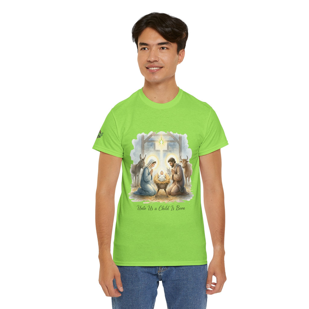 Unto Us a Child is Born T-shirt – Isaiah 9:6 Nativity Manger Scene Christian Christmas T-shirt for Holy Night Faith Printify