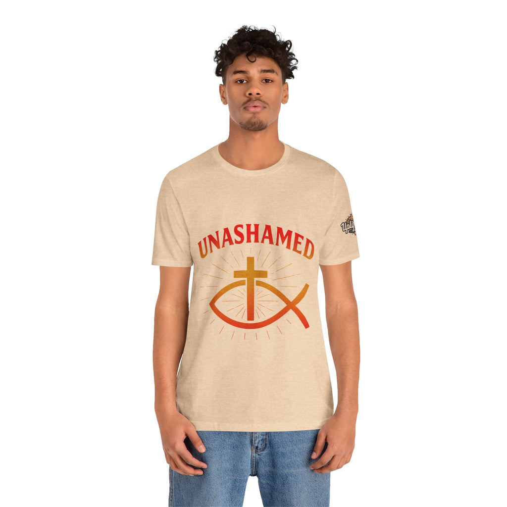 Unashamed T-shirt – Ichthys Jesus Fish & Cross Christian T-shirt for Romans 1:16 Bold Faith Printify