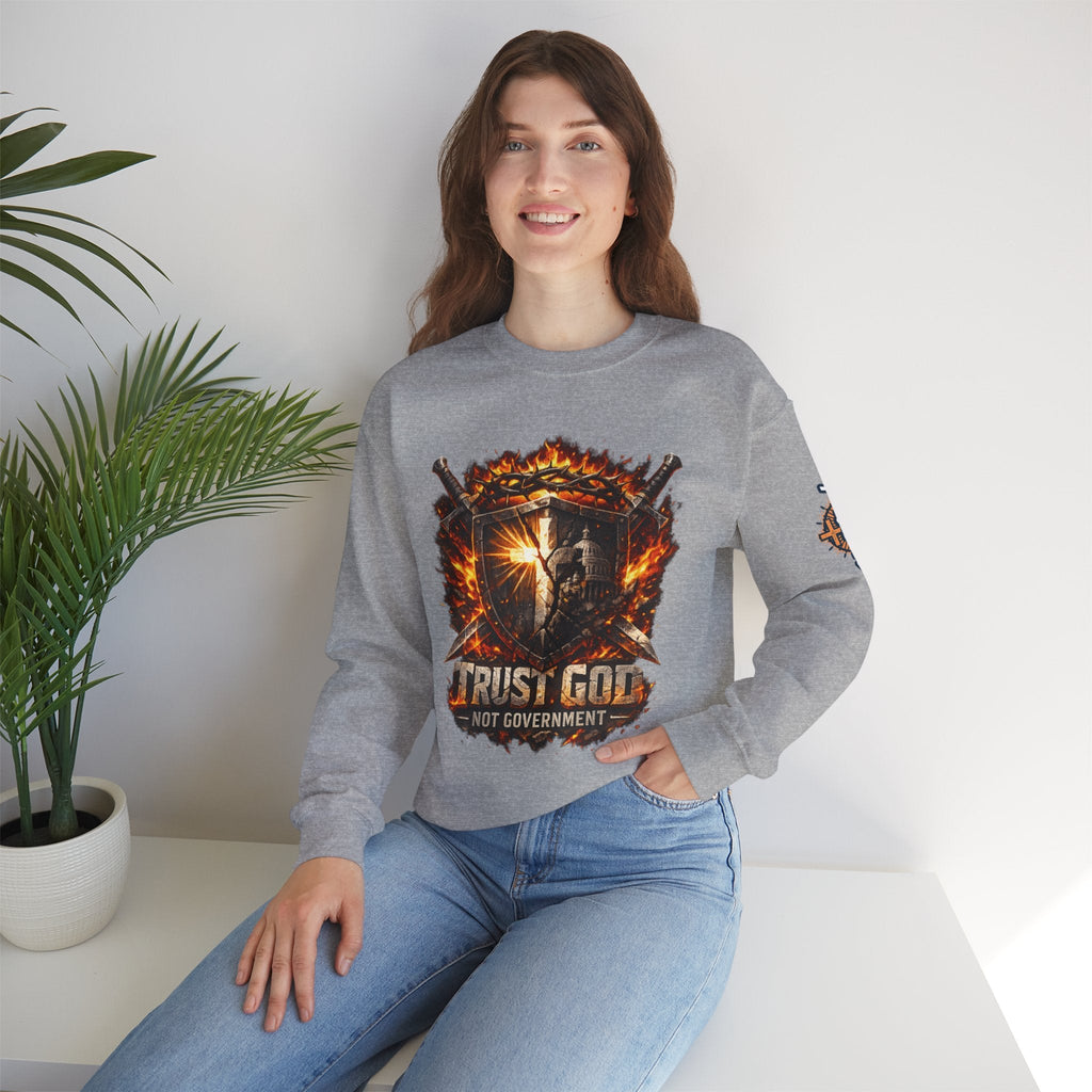 Trust God Not Government Shield Sweatshirt — Patriotic Christian Faith Sweatshirt Printify