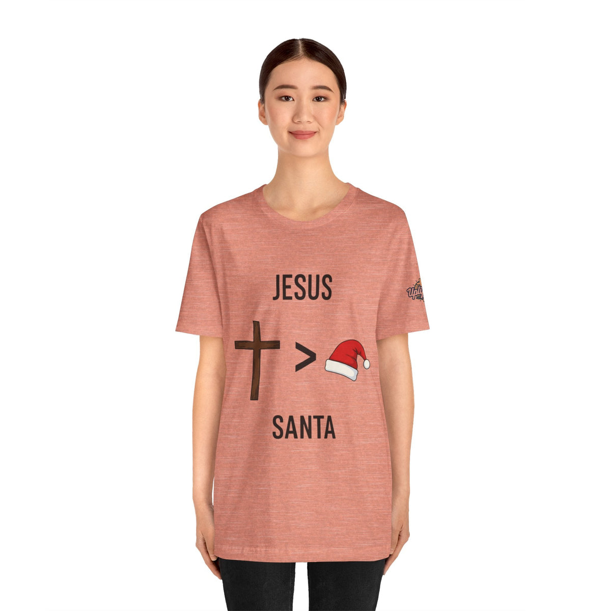 🎄 Jesus > Santa – Minimalist Christian Christmas T-Shirt | Bold Faith Over Holiday Tee | Cross vs Santa Hat Design | Uplifted Gear Printify