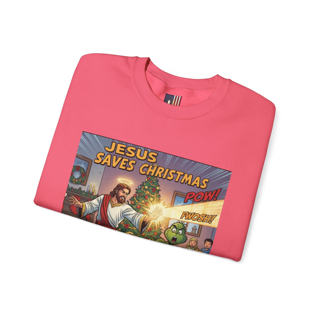 Jesus Saves Christmas Sweatshirt – Grinch vs Savior Light Battle Christian Sweatshirt for Hilarious Holiday Faith & True Joy Printify