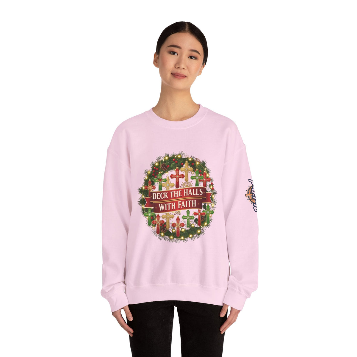 🎄 Deck the Halls with Faith – Christian Christmas Sweatshirt | Cross Ornament Design & Festive Garland | Bold Holiday Faith Tee by Uplifted Gear Printify