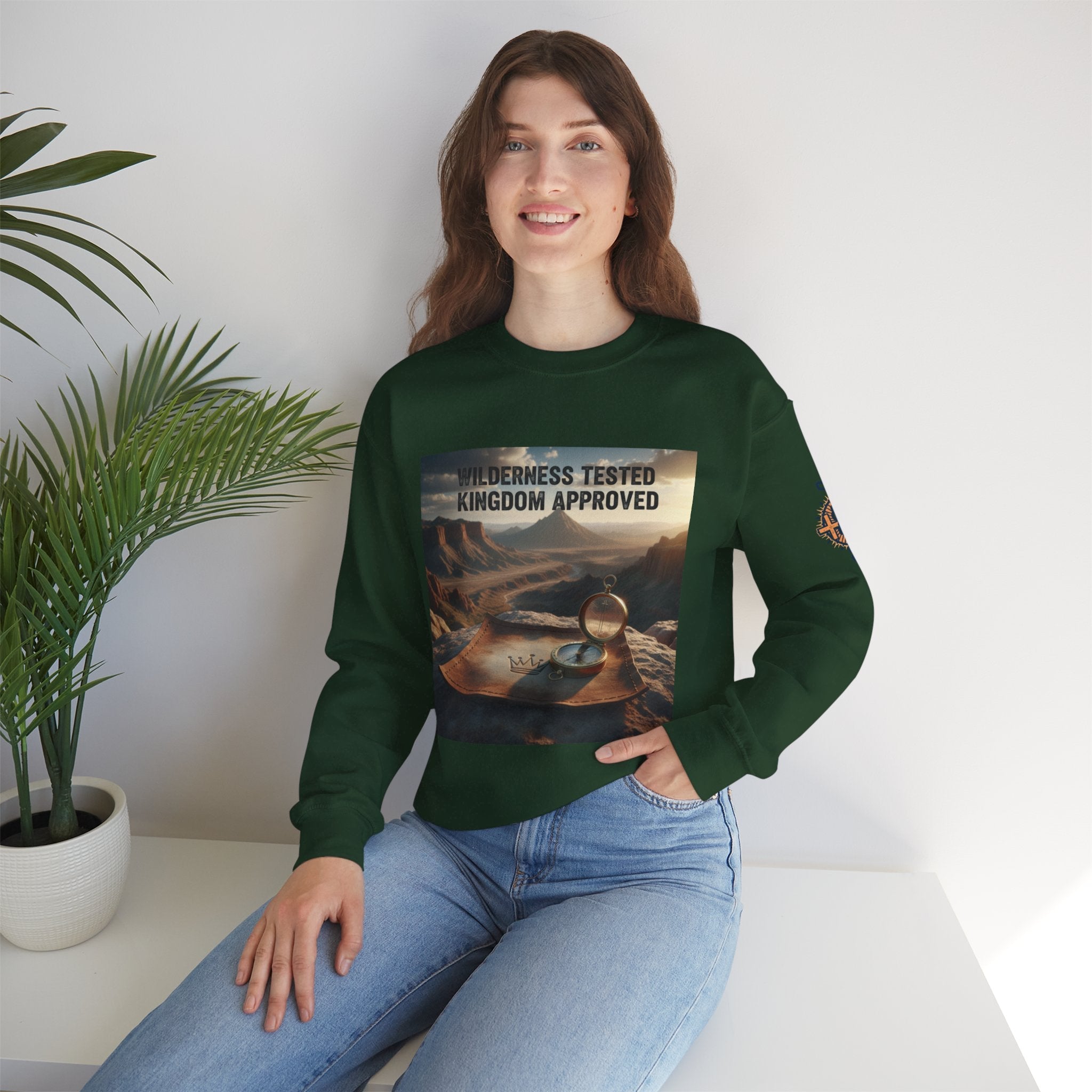 Wilderness Tested Kingdom Approved Sweatshirt – Mountain Desert Compass Crown Christian Sweatshirt for Biblical Adventure Faith Printify