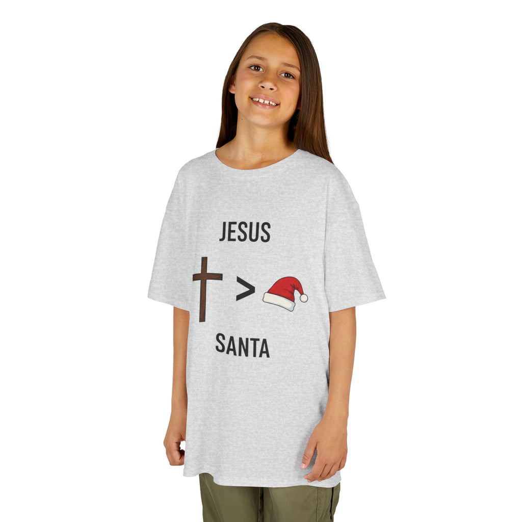 🎄 Jesus > Santa – Minimalist Christian Christmas Kids T-Shirt | Bold Faith Over Holiday Tee | Cross vs Santa Hat Design | Uplifted Gear Printify
