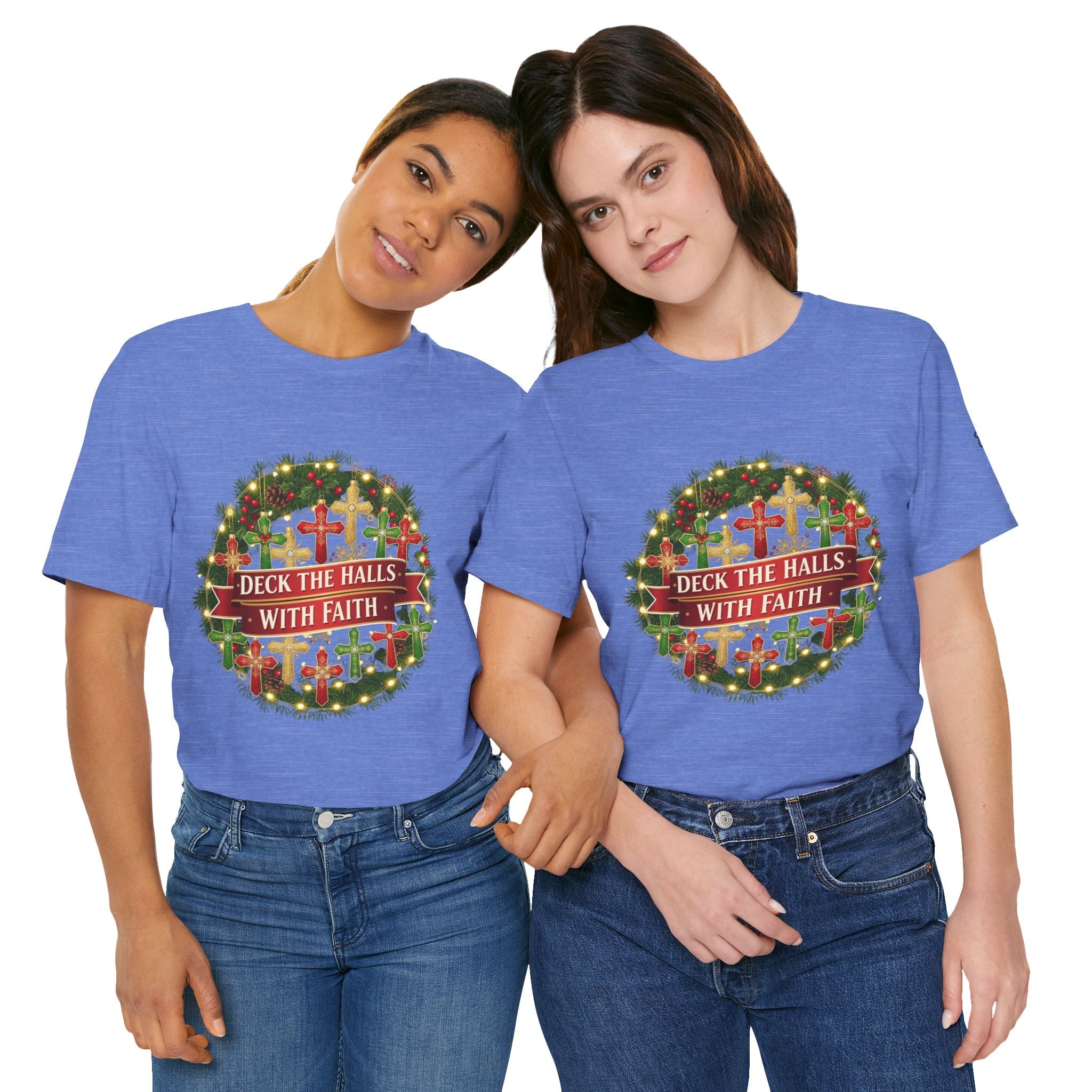🎄 Deck the Halls with Faith – Christian Christmas T-Shirt | Cross Ornament Design & Festive Garland | Bold Holiday Faith Tee by Uplifted Gear Printify