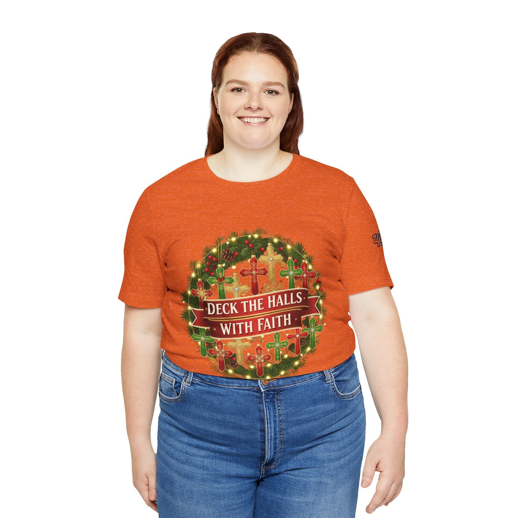 🎄 Deck the Halls with Faith – Christian Christmas T-Shirt | Cross Ornament Design & Festive Garland | Bold Holiday Faith Tee by Uplifted Gear Printify
