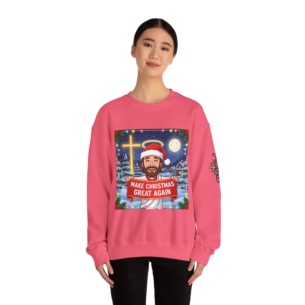 🎄 Make Christmas Great Again – Funny Christian Sweatshirt | Jesus Holding Banner | Faith-Based Holiday Parody Tee | Uplifted Gear Printify