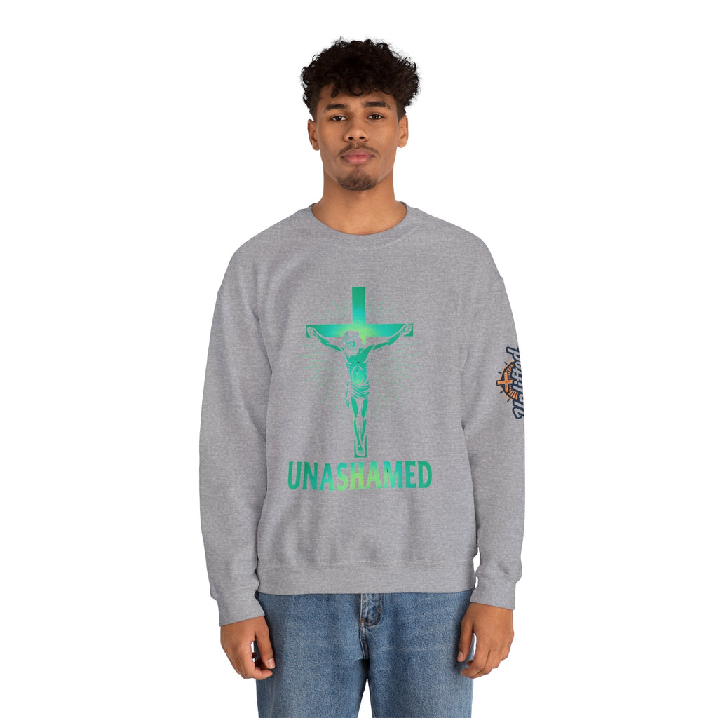 Unashamed Sweatshirt – Romans 1:16 Crucifixion Christian Sweatshirt for Bold Unwavering Faith Printify