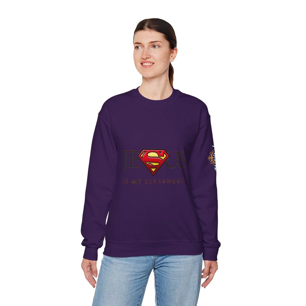Jesus Is My Superhero Crewneck Sweatshirt Printify