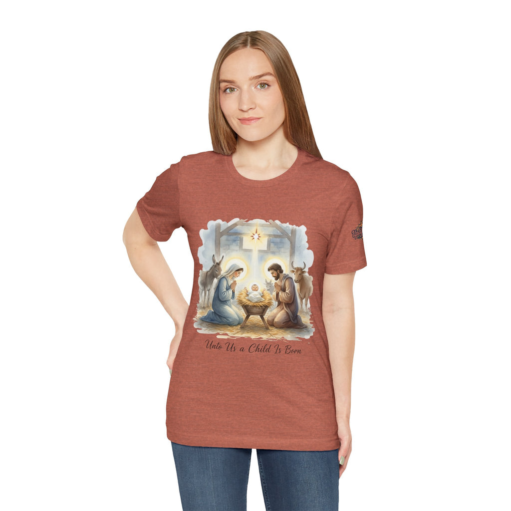 Unto Us a Child is Born T-shirt – Isaiah 9:6 Nativity Manger Scene Christian Christmas T-shirt for Holy Night Faith Printify