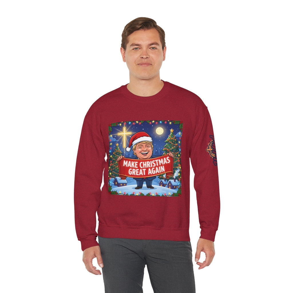🎄 Make Christmas Great Again – Patriotic Christian Christmas Sweatshirt | Bold Holiday Faith Tee | Red & White Banner Design | Uplifted Gear Printify