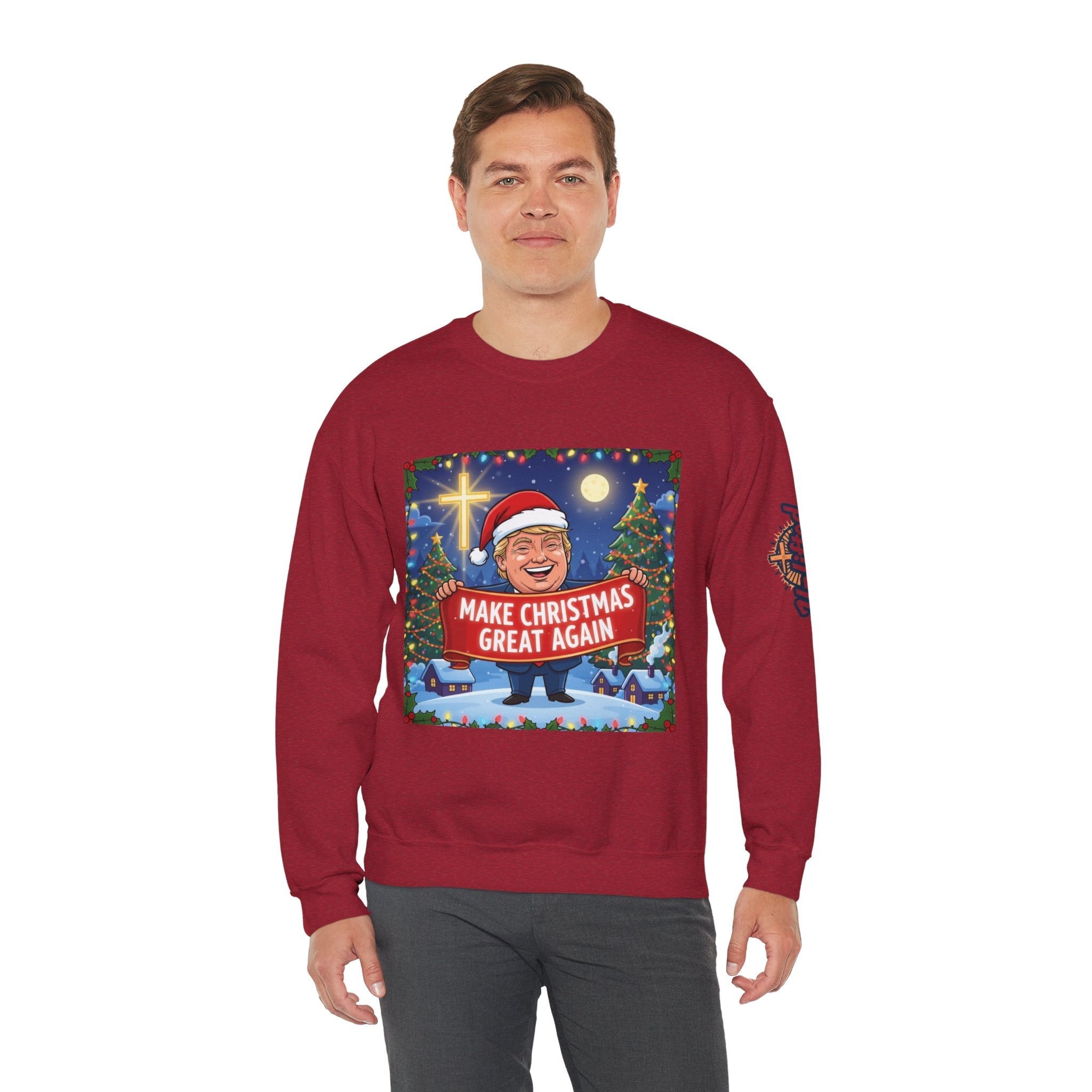 🎄 Make Christmas Great Again – Patriotic Christian Christmas Sweatshirt | Bold Holiday Faith Tee | Red & White Banner Design | Uplifted Gear Printify