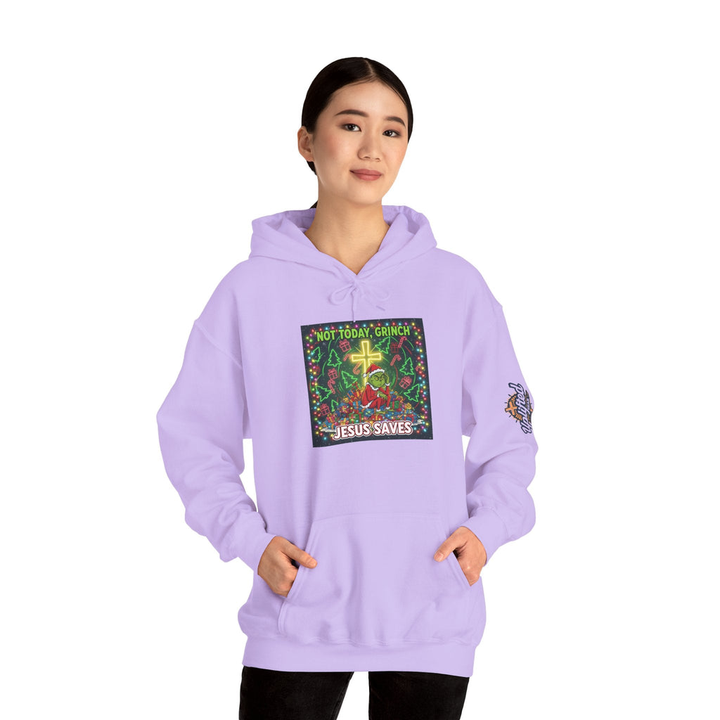 🎄 Not Today, Grinch – Jesus Saves | Funny Christian Christmas Hoodie | Festive Green & Red Cartoon Style | Bold Faith Holiday Tee by Uplifted Gear Printify