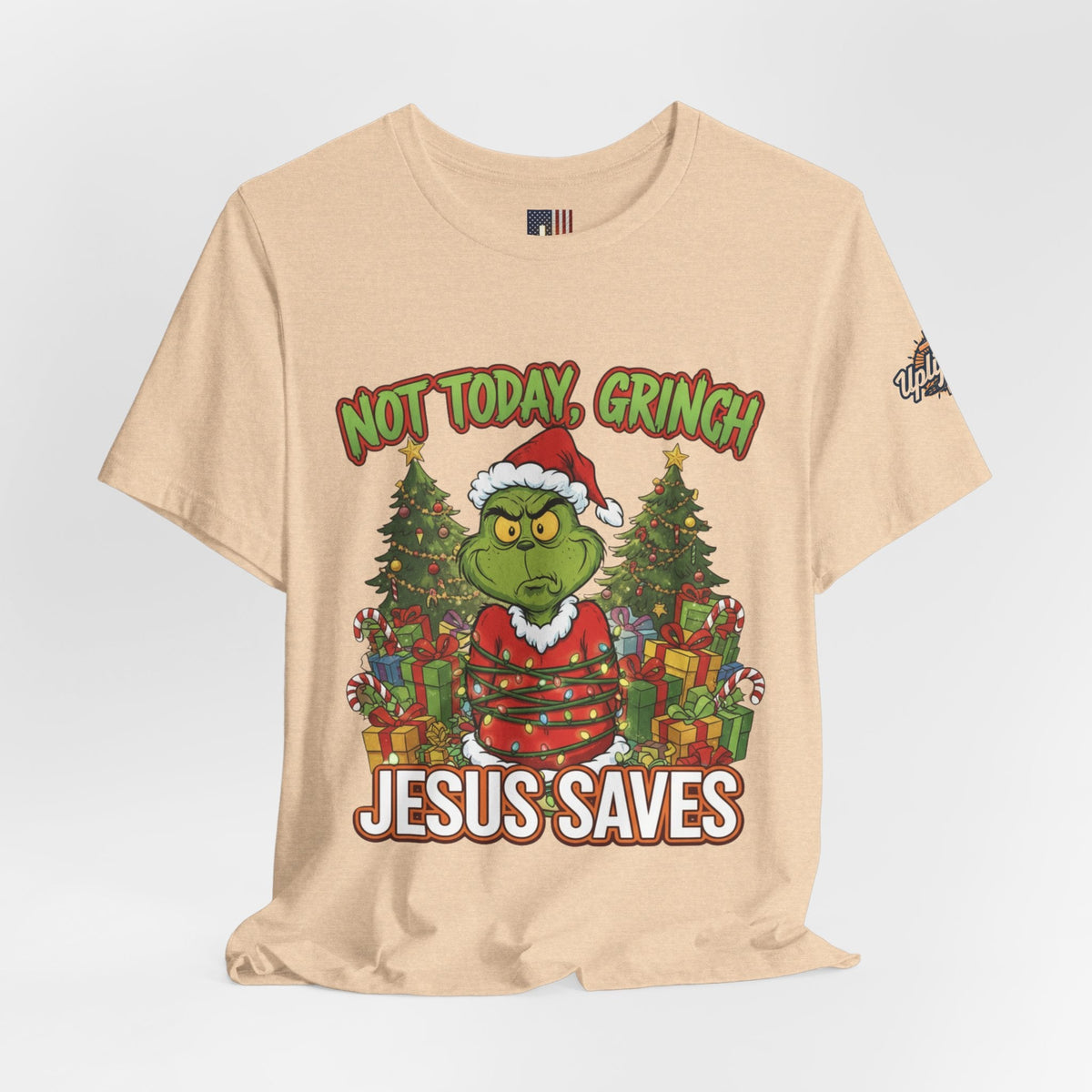 🎄 Not Today, Grinch – Jesus Saves | Funny Christian Christmas T-Shirt | Sulking Grinch & Glowing Cross | Bold Neon Faith Tee by Uplifted Gear Printify