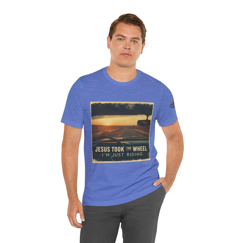 Jesus Took the Wheel I'm Just Riding T-shirt – Funny Christian Convertible Car T-shirt for Surrendered Faith & Humor Printify
