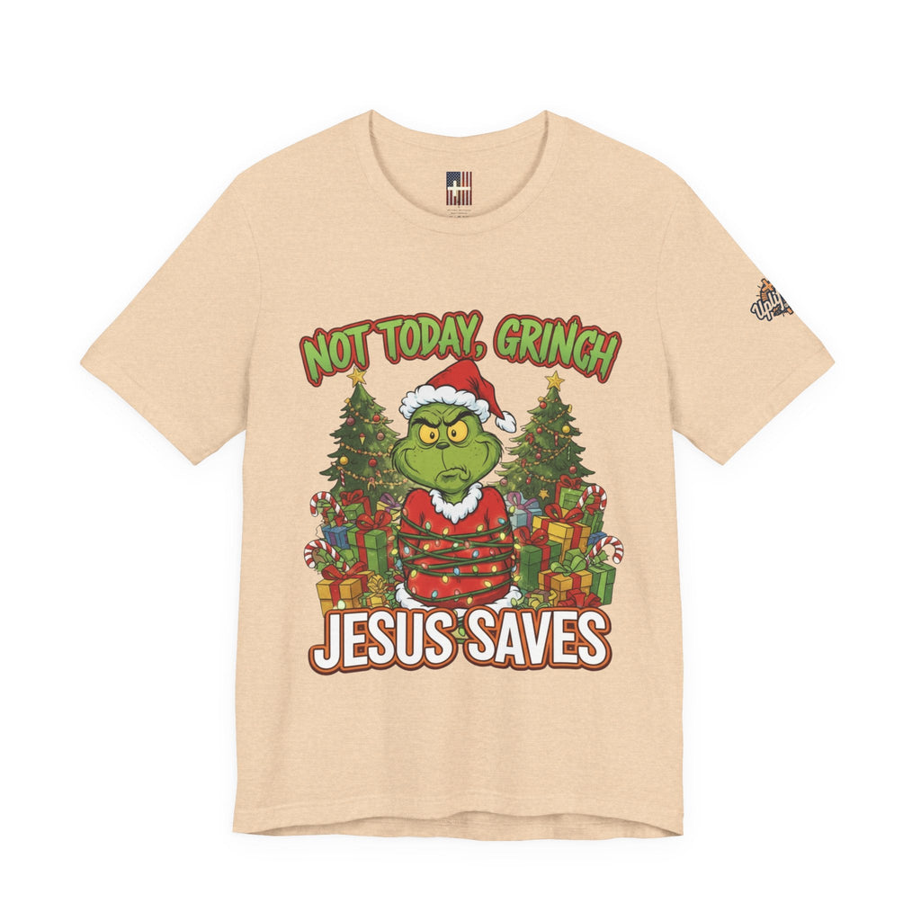 🎄 Not Today, Grinch – Jesus Saves | Funny Christian Christmas T-Shirt | Sulking Grinch & Glowing Cross | Bold Neon Faith Tee by Uplifted Gear Printify