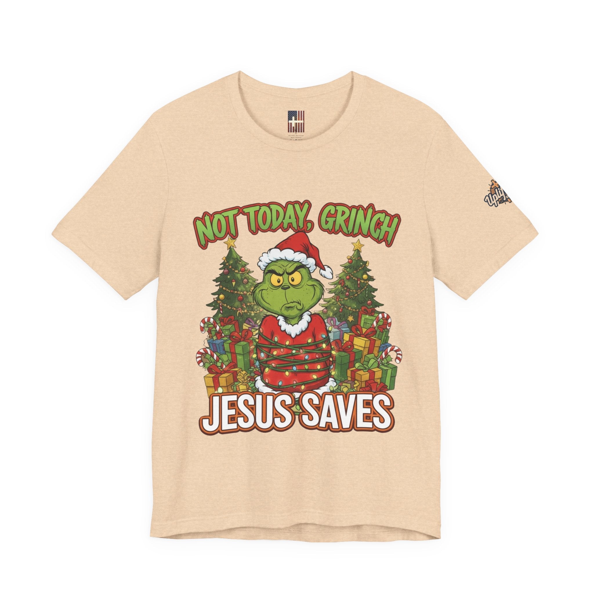 🎄 Not Today, Grinch – Jesus Saves | Funny Christian Christmas T-Shirt | Sulking Grinch & Glowing Cross | Bold Neon Faith Tee by Uplifted Gear Printify