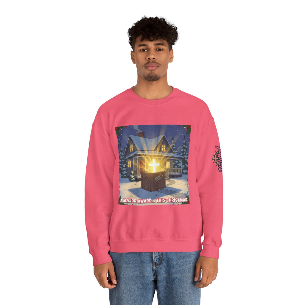 A Major Award This Christmas Sweatshirt – Fragile Leg Lamp Parody Cross Unboxing Christian Sweatshirt for Hilarious Faith & Holiday Glow Printify