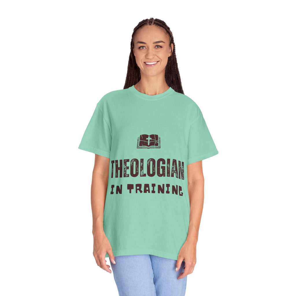 Theologian in Training T-Shirt – Open Bible & Cross Christian Tee for Faithful Learners Printify
