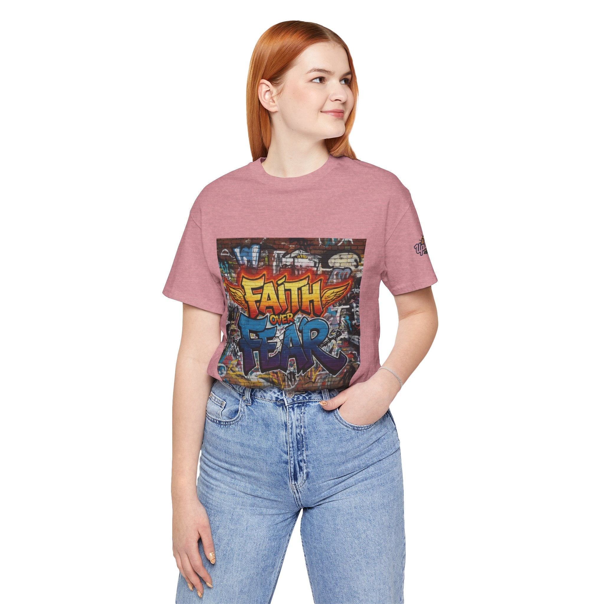 Faith Over Fear T-shirt – Graffiti Wall Christian T-shirt for Bold 2 Corinthians 5:7 Streetwear & Unshakable Faith Printify
