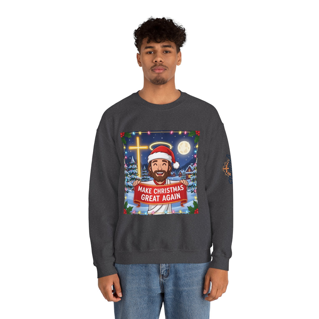 🎄 Make Christmas Great Again – Funny Christian Sweatshirt | Jesus Holding Banner | Faith-Based Holiday Parody Tee | Uplifted Gear Printify