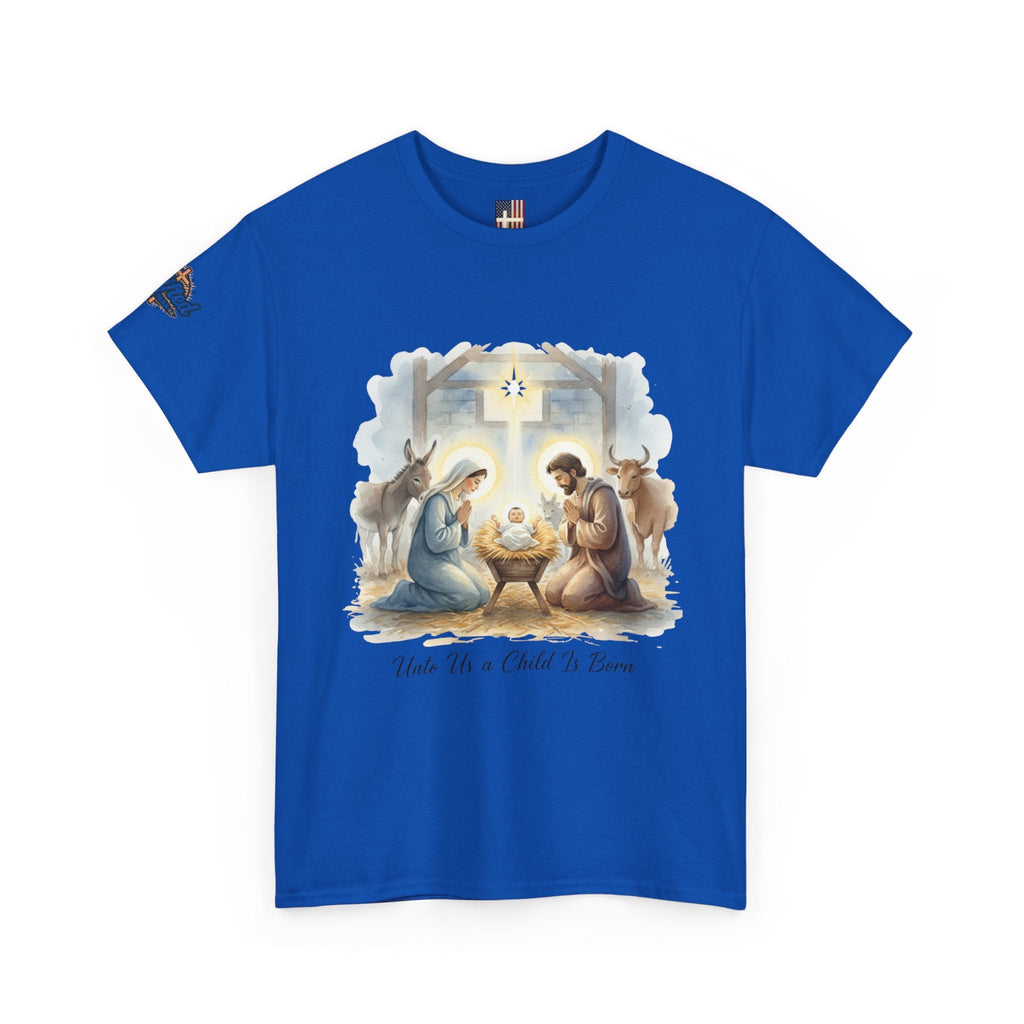 Unto Us a Child is Born T-shirt – Isaiah 9:6 Nativity Manger Scene Christian Christmas T-shirt for Holy Night Faith Printify