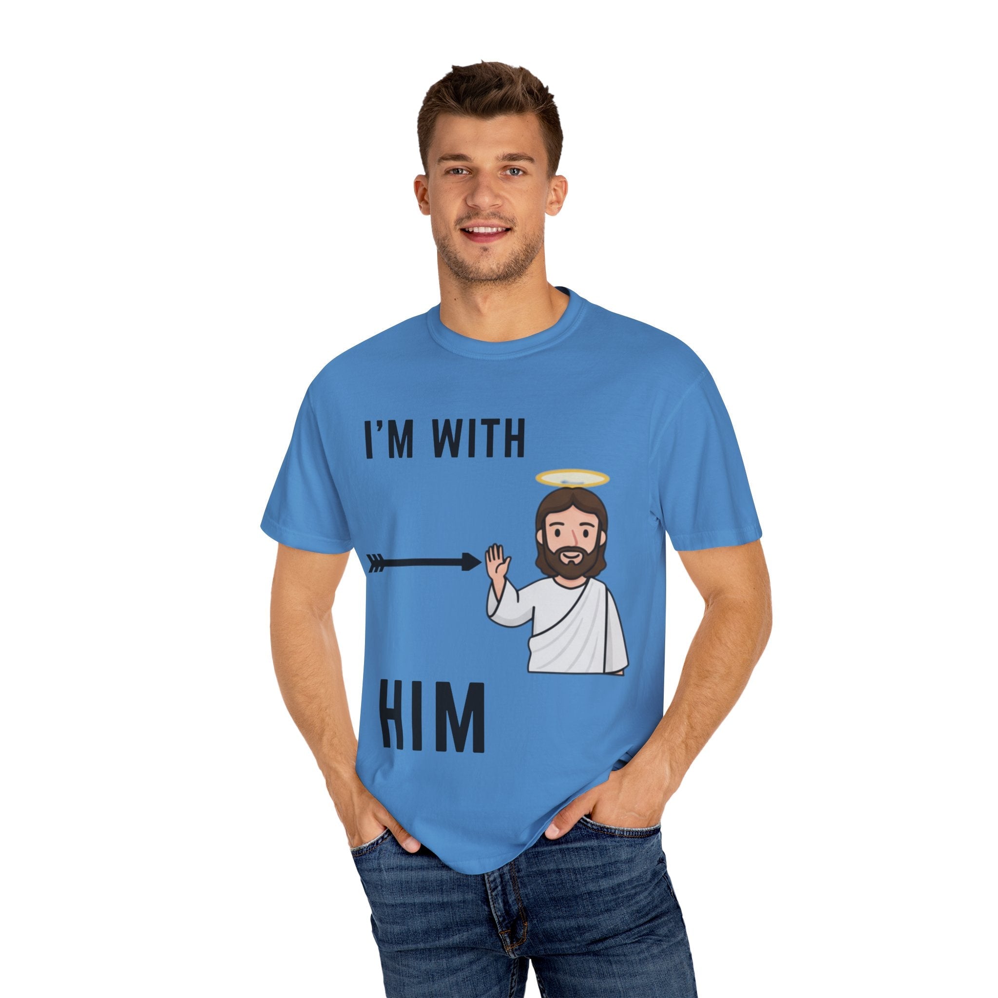🔥 I’m With Him → Christian T-Shirt | Arrow Pointing to Jesus | Minimalist Faith Tee | Subtle Cross Design | Bible-Inspired Apparel by Uplifted Gear Printify