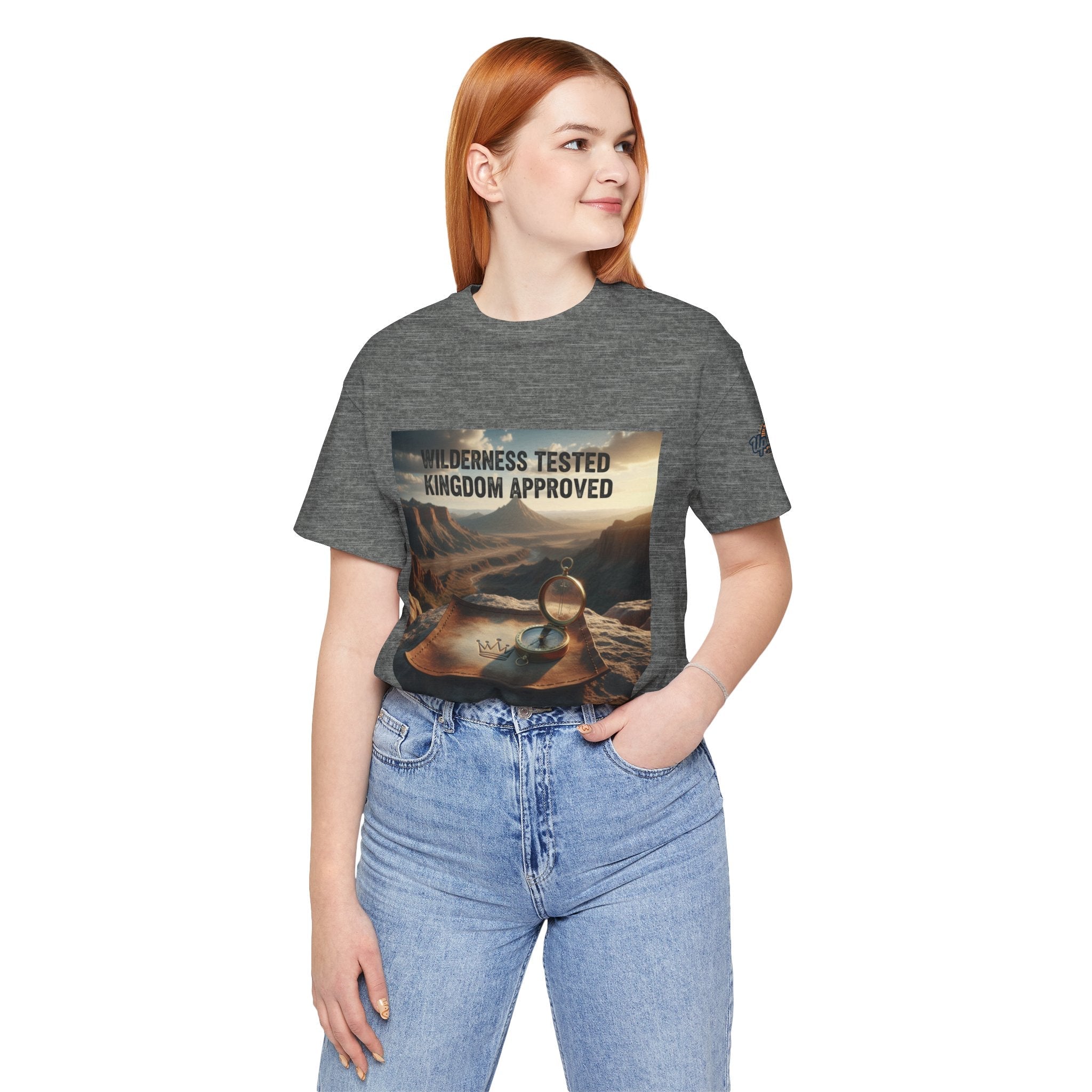 Wilderness Tested Kingdom Approved T-shirt – Mountain Desert Compass Crown Christian T-shirt for Biblical Adventure Faith Printify