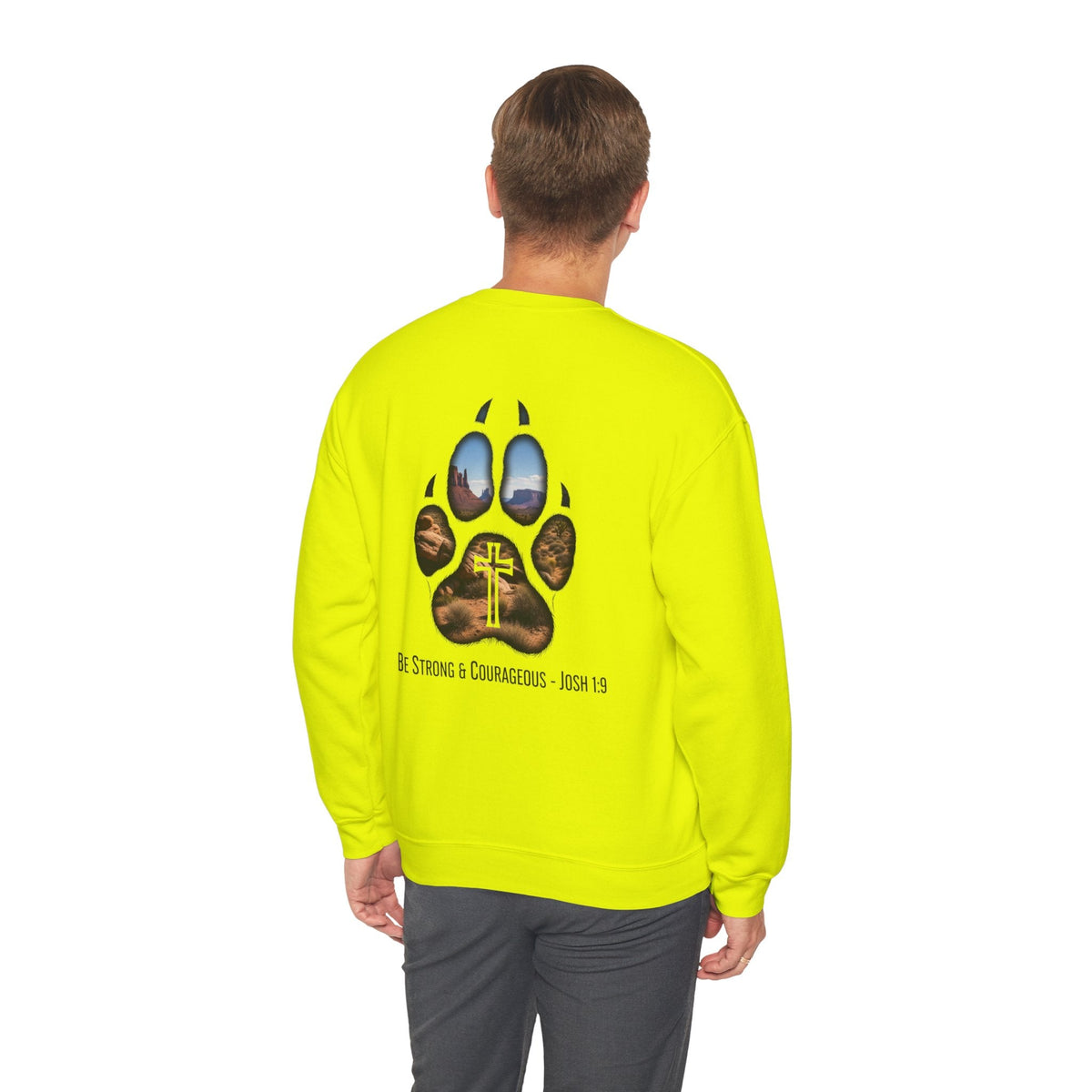 Strong and Courageous Sweatshirt – Joshua 1:9 Canine Pawprint Desert Christian Sweatshirt for Dog Lovers Printify