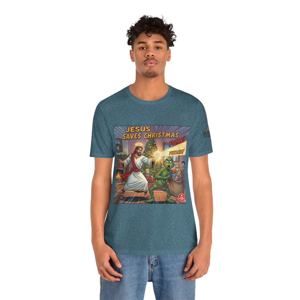 Jesus Saves Christmas T-shirt – Grinch vs Savior Light Battle Christian T-shirt for Hilarious Holiday Faith & True Joy Printify