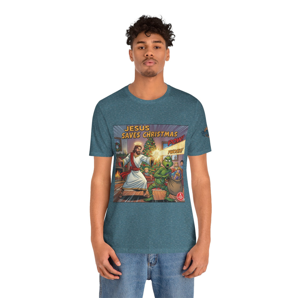Jesus Saves Christmas T-shirt – Grinch vs Savior Light Battle Christian T-shirt for Hilarious Holiday Faith & True Joy Printify