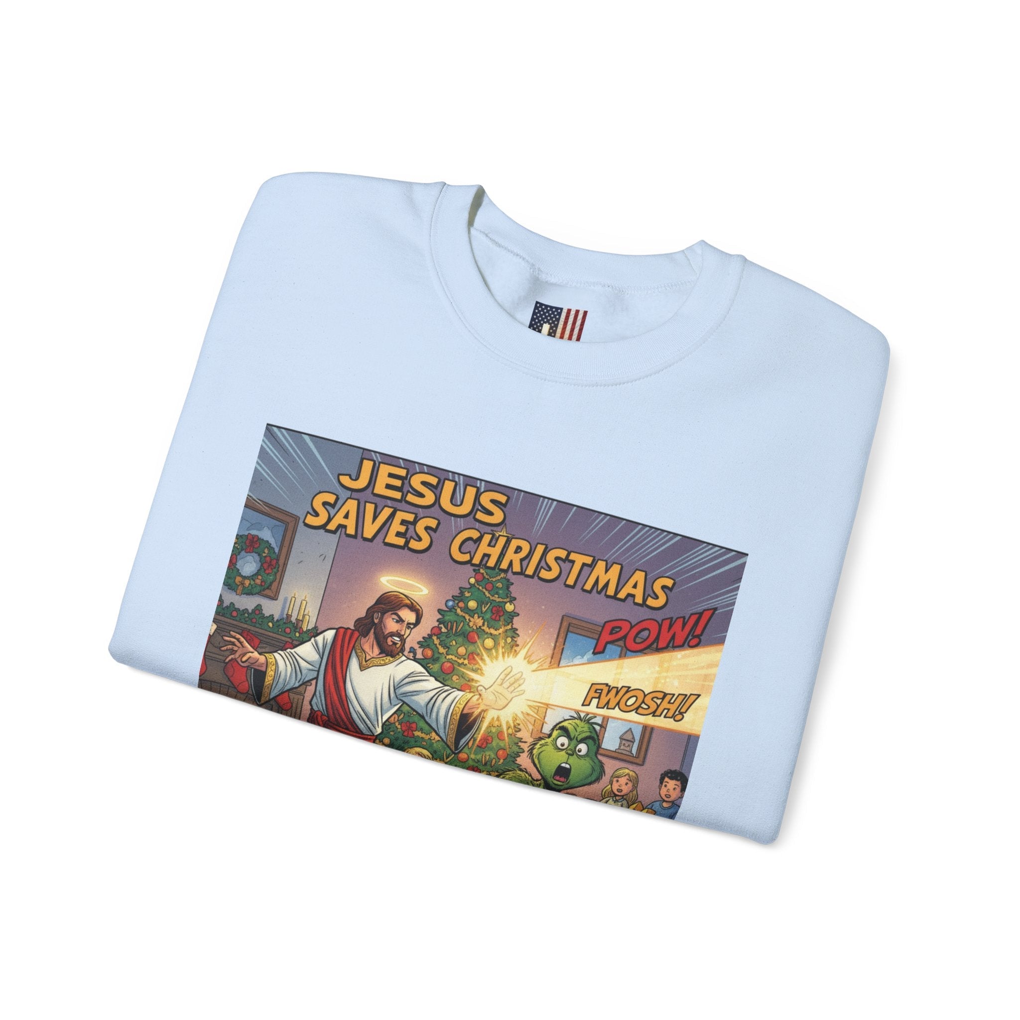Jesus Saves Christmas Sweatshirt – Grinch vs Savior Light Battle Christian Sweatshirt for Hilarious Holiday Faith & True Joy Printify