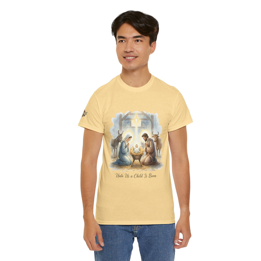 Unto Us a Child is Born T-shirt – Isaiah 9:6 Nativity Manger Scene Christian Christmas T-shirt for Holy Night Faith Printify