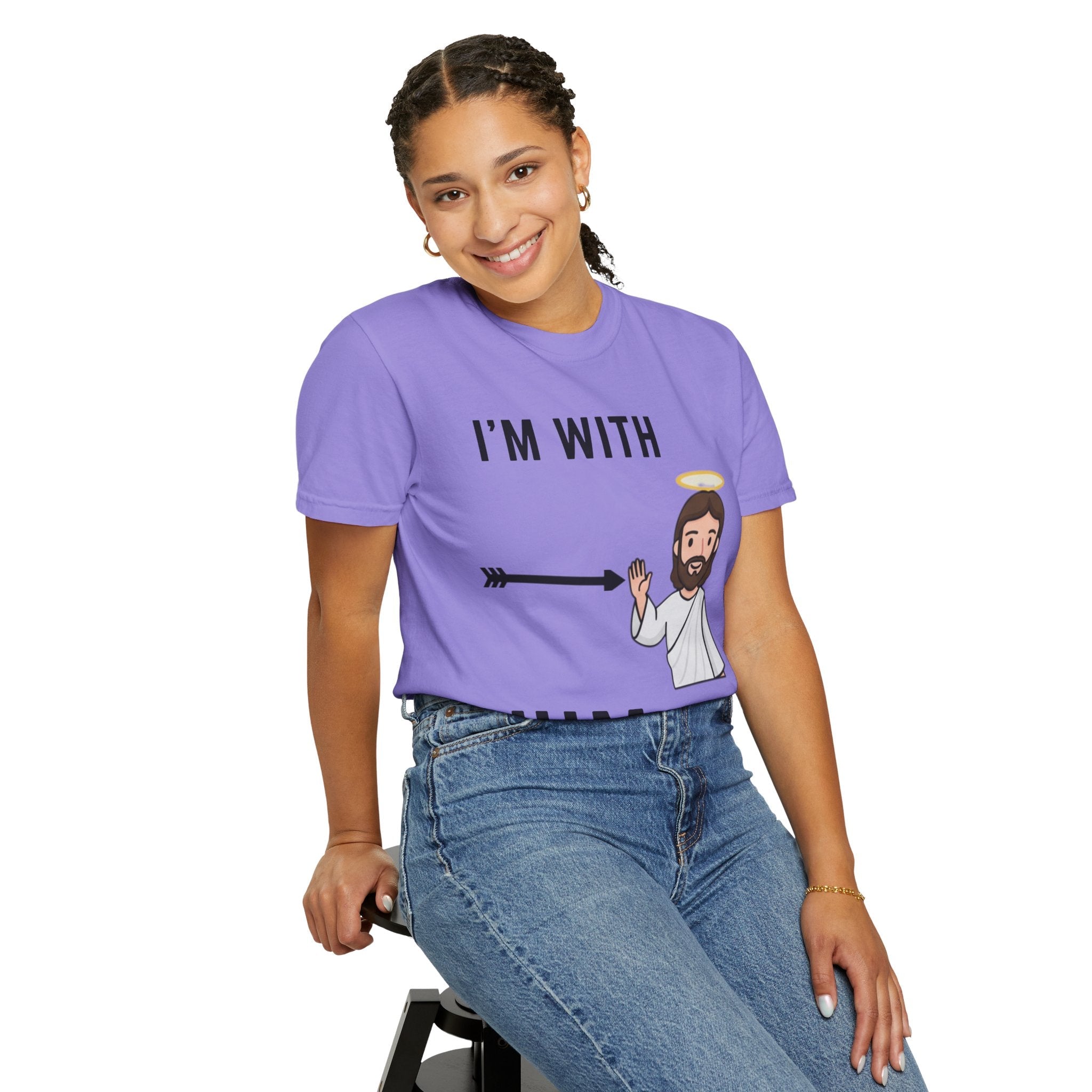 🔥 I’m With Him → Christian T-Shirt | Arrow Pointing to Jesus | Minimalist Faith Tee | Subtle Cross Design | Bible-Inspired Apparel by Uplifted Gear Printify