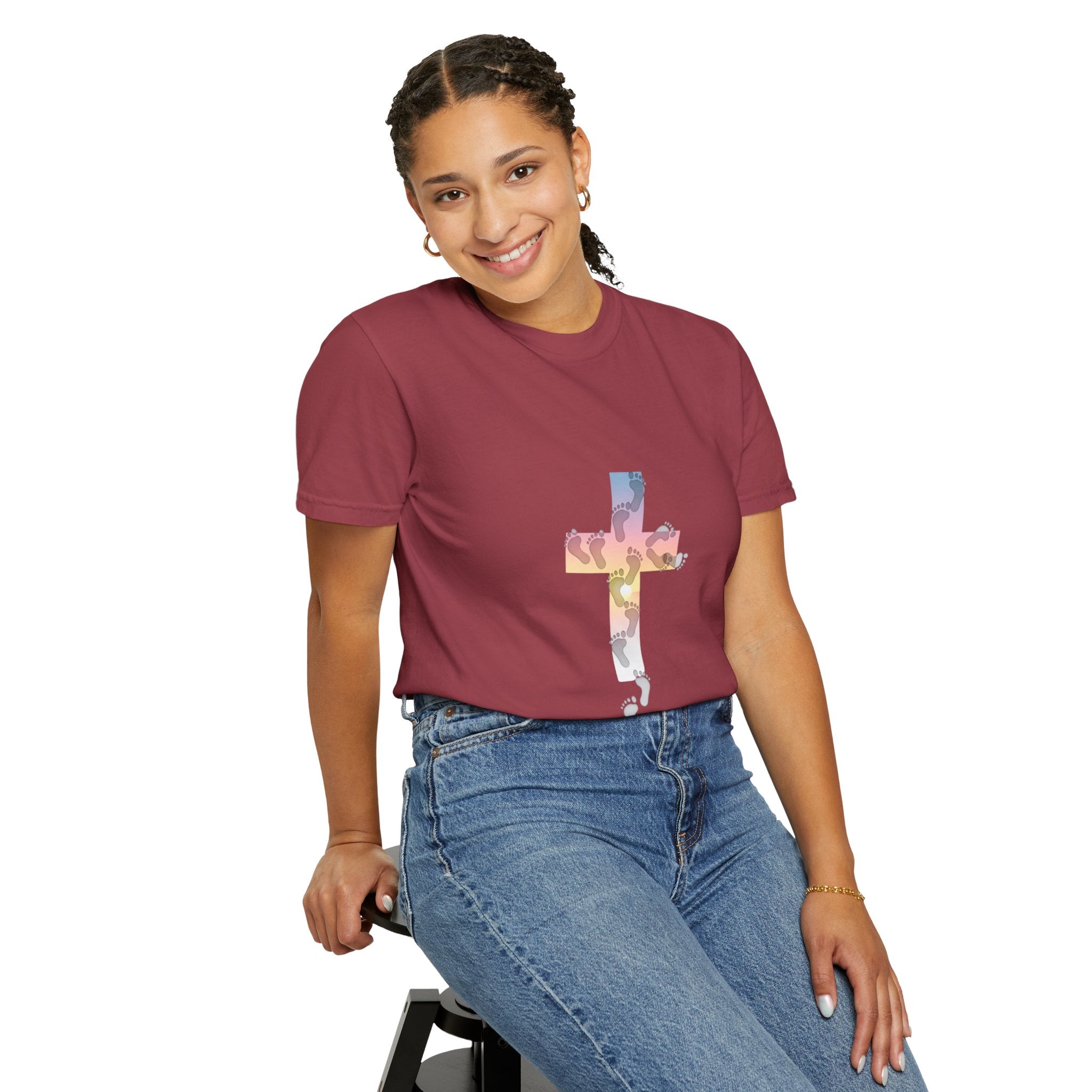 Walk by Faith T-Shirt – Cross & Footprints Christian Tee for Bold Believers Printify