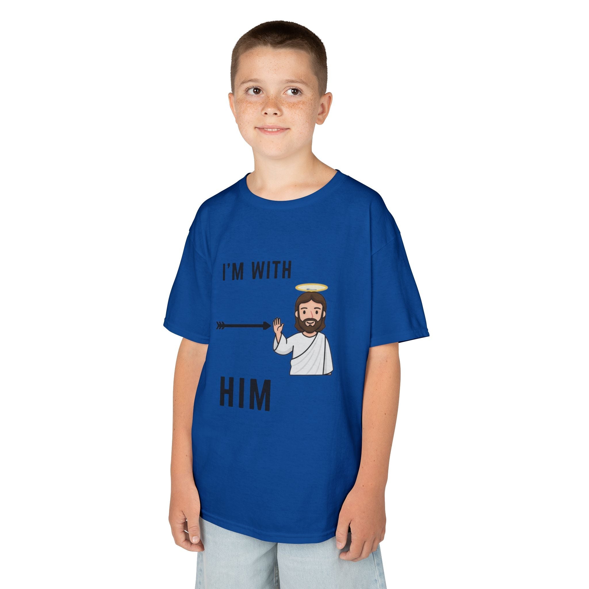 🔥 I’m With Him → Christian Kids T-Shirt | Arrow Pointing to Jesus | Minimalist Faith Tee | Subtle Cross Design | Bible-Inspired Apparel by Uplifted Gear Printify