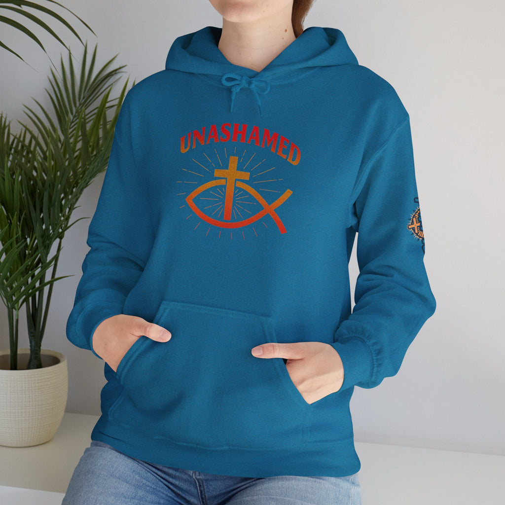 Unashamed Hoodie – Ichthys Jesus Fish & Cross Christian Sweatshirt for Romans 1:16 Bold Faith Printify