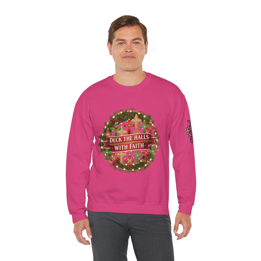 🎄 Deck the Halls with Faith – Christian Christmas Sweatshirt | Cross Ornament Design & Festive Garland | Bold Holiday Faith Tee by Uplifted Gear Printify