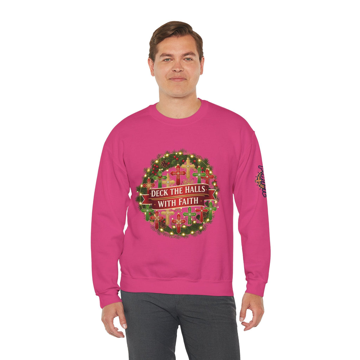 🎄 Deck the Halls with Faith – Christian Christmas Sweatshirt | Cross Ornament Design & Festive Garland | Bold Holiday Faith Tee by Uplifted Gear Printify