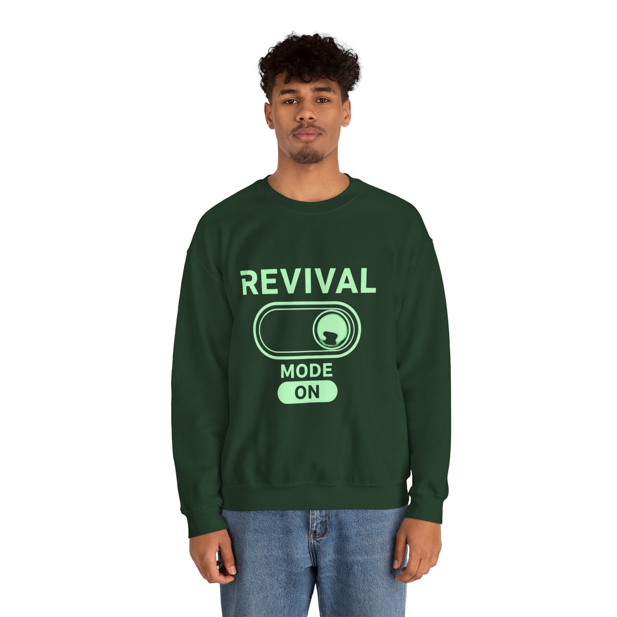 🔥 Revival Mode: ON – Christian Techwear Sweatshirt | Glowing Green Faith Switch | Futuristic Jesus Shirt | Activate Your Spiritual Awakening | Uplifted Gear Printify