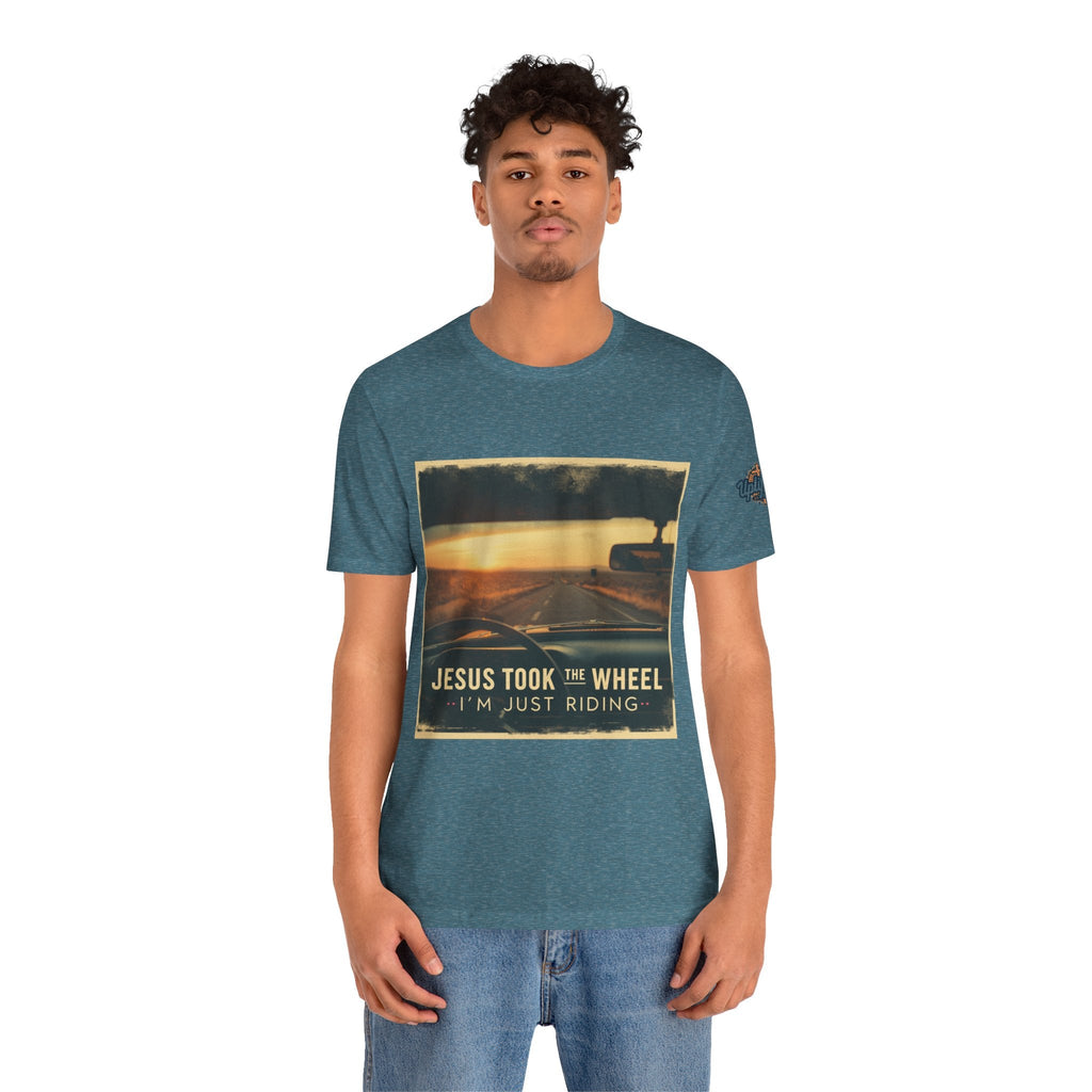 Jesus Took the Wheel I'm Just Riding T-shirt – Funny Christian Convertible Car T-shirt for Surrendered Faith & Humor Printify