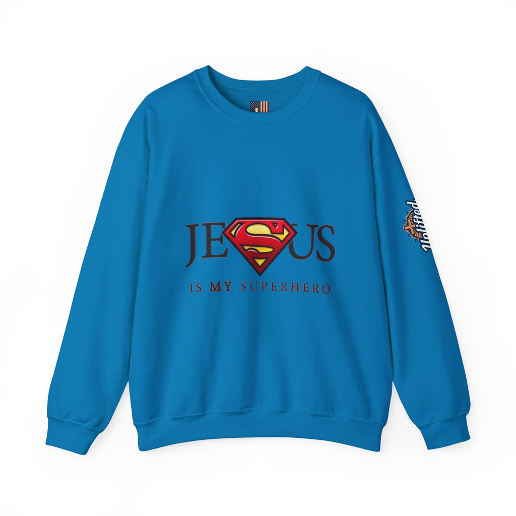 Jesus Is My Superhero Crewneck Sweatshirt Printify