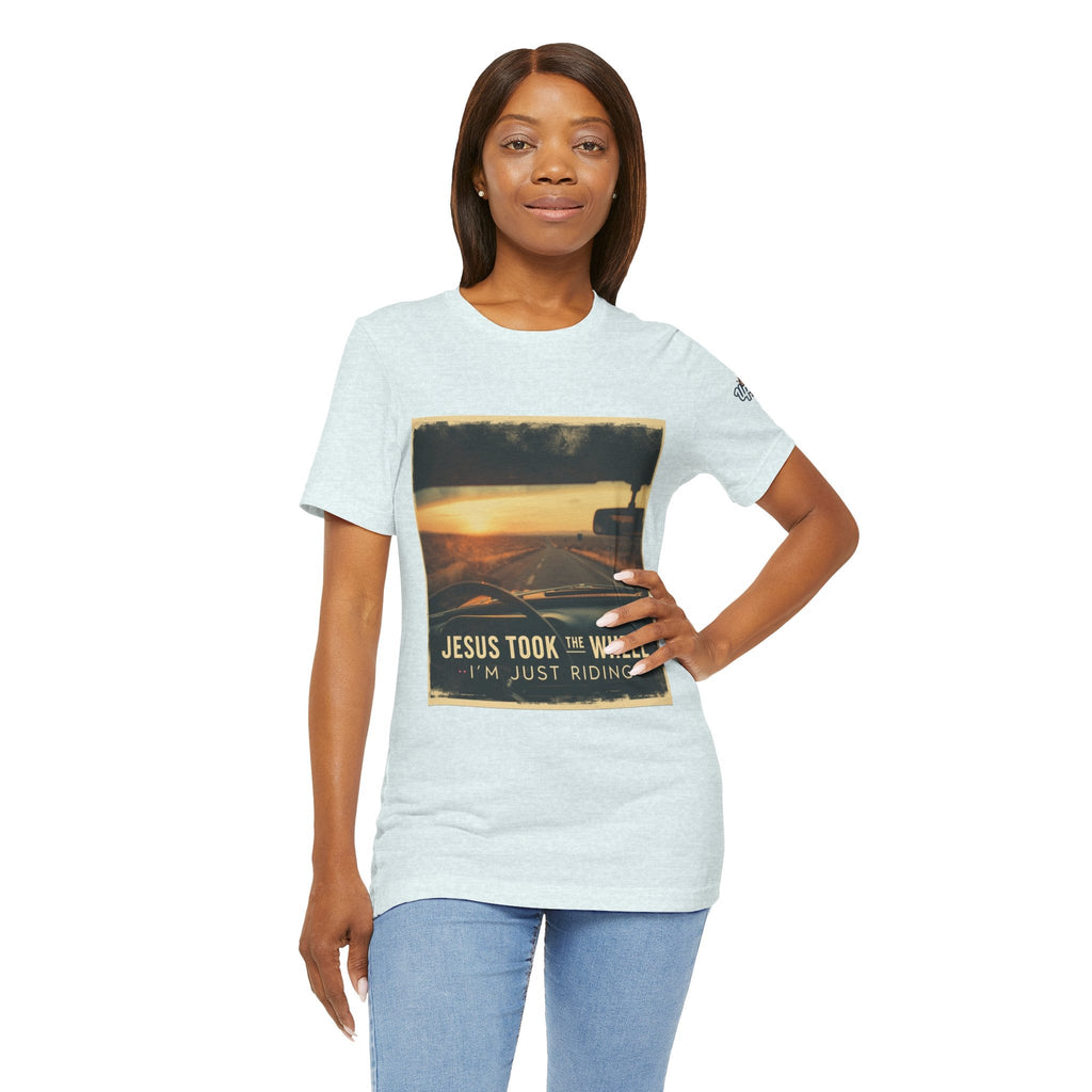 Jesus Took the Wheel I'm Just Riding T-shirt – Funny Christian Convertible Car T-shirt for Surrendered Faith & Humor Printify