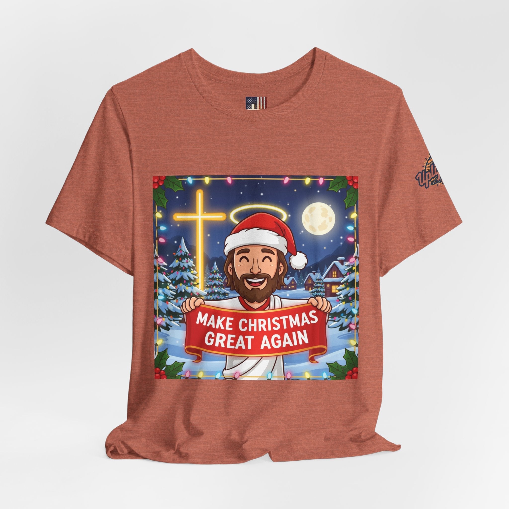 🎄 Make Christmas Great Again – Funny Christian T-Shirt | Jesus Holding Banner | Faith-Based Holiday Parody Tee | Uplifted Gear Printify
