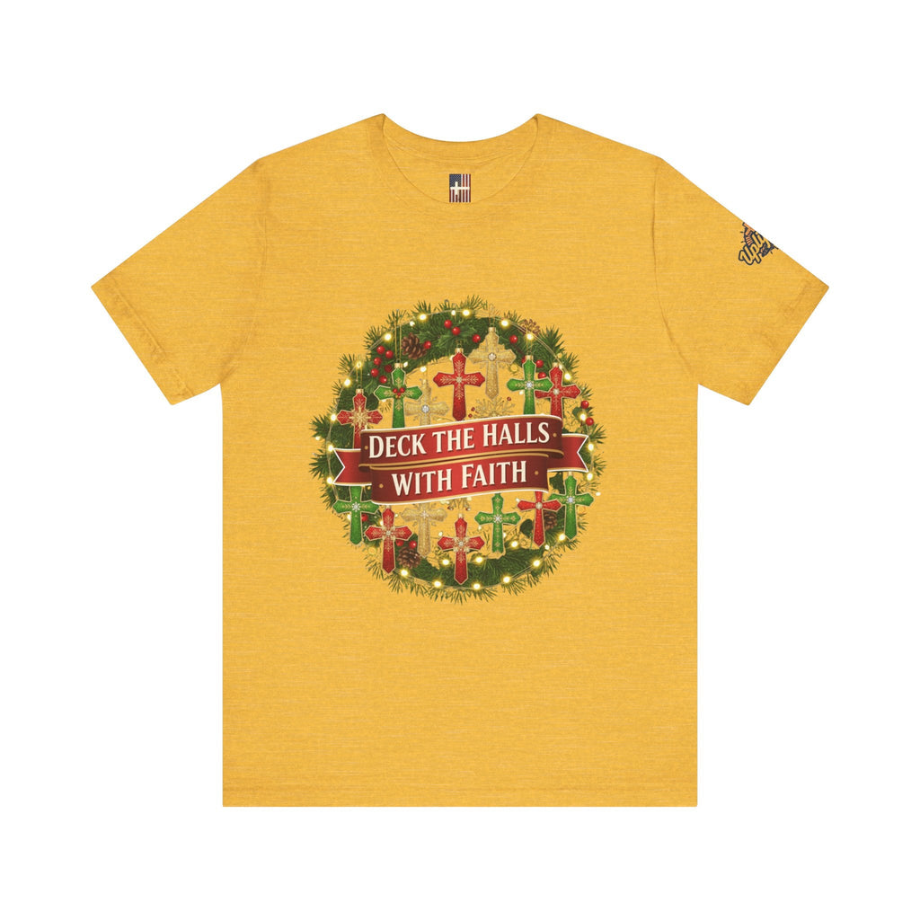 🎄 Deck the Halls with Faith – Christian Christmas T-Shirt | Cross Ornament Design & Festive Garland | Bold Holiday Faith Tee by Uplifted Gear Printify