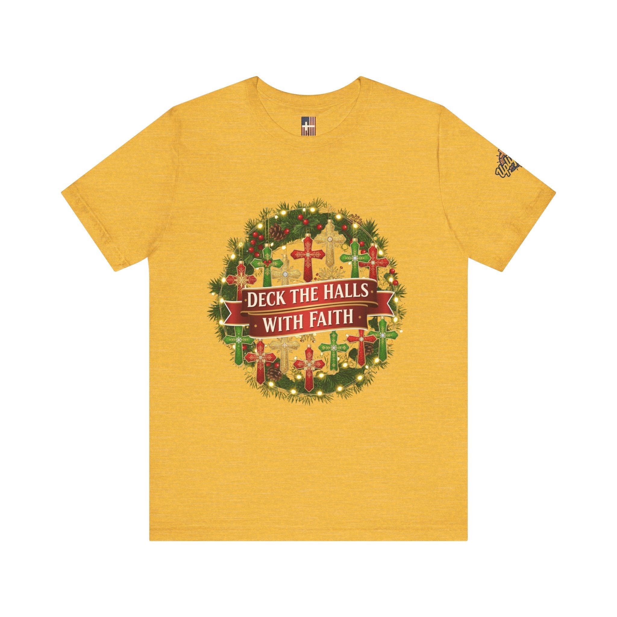 🎄 Deck the Halls with Faith – Christian Christmas T-Shirt | Cross Ornament Design & Festive Garland | Bold Holiday Faith Tee by Uplifted Gear Printify